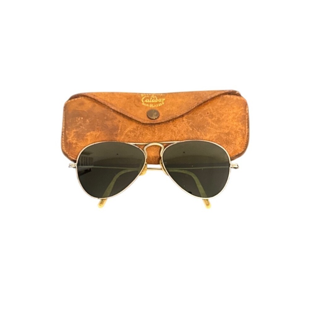 Vintage American Optical AO Calobar Aviator Sunglasses Gold Green Lens with Case